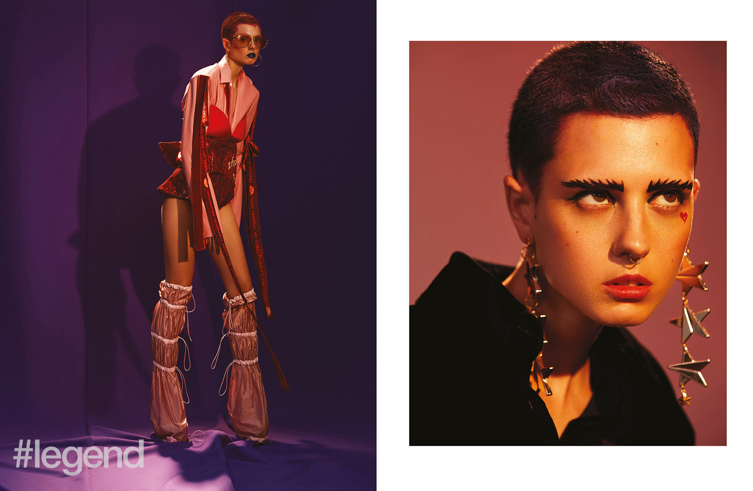 LEFT: Sunglasses _ Luisa Leitao | Jacket and top _ Mukzin | Legwear _ Angel Chen; RIGHT: Shirt _ Haizhen Wang | Earrings _ Zwai Kwok